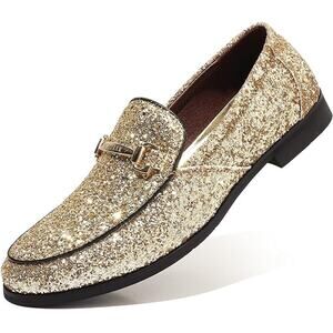 New Cosidram Mens Size 13 Gold Glitter Slide On Buckle Loafers Dress Shoes